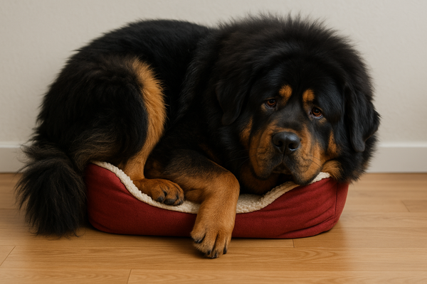 Velký tibetský mastiff se snaží dostat do malého pelíšku